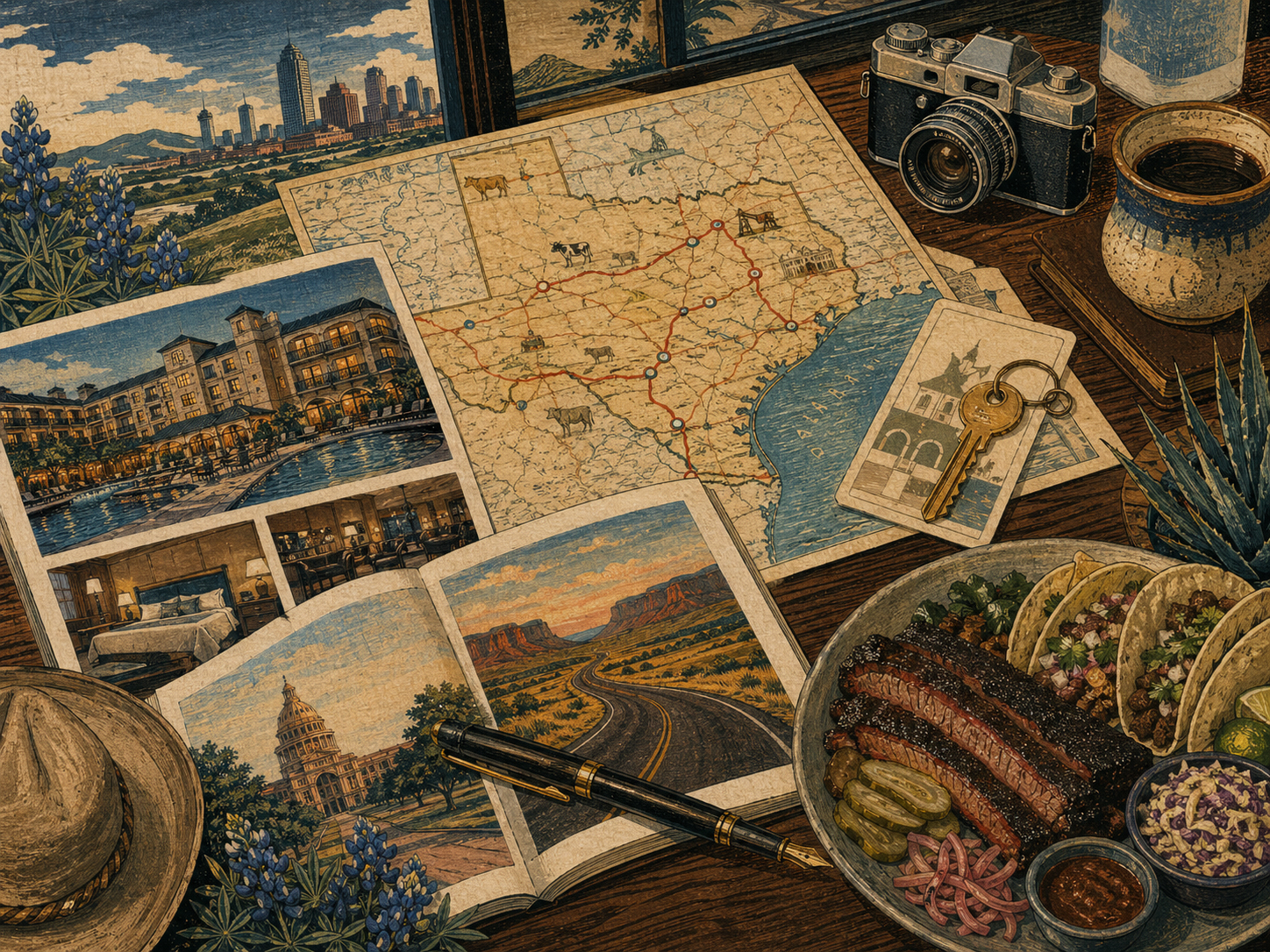 テキサスの地図、ホテル、食、ロードトリップ資料を置いた広告案内用の木版画風画像