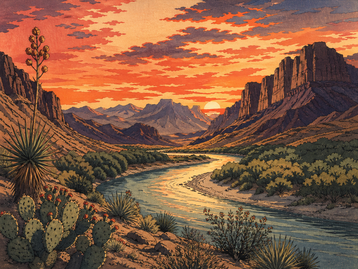 ビッグベンドのリオグランデ、砂漠、山