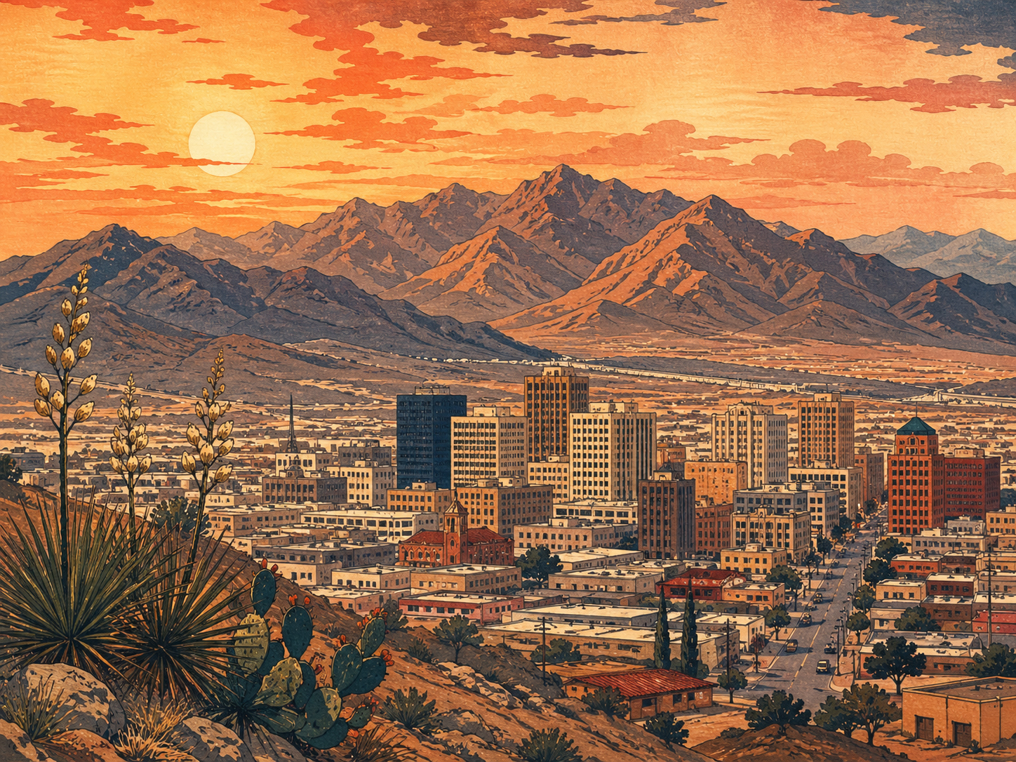 エルパソの山、国境、夕暮れ