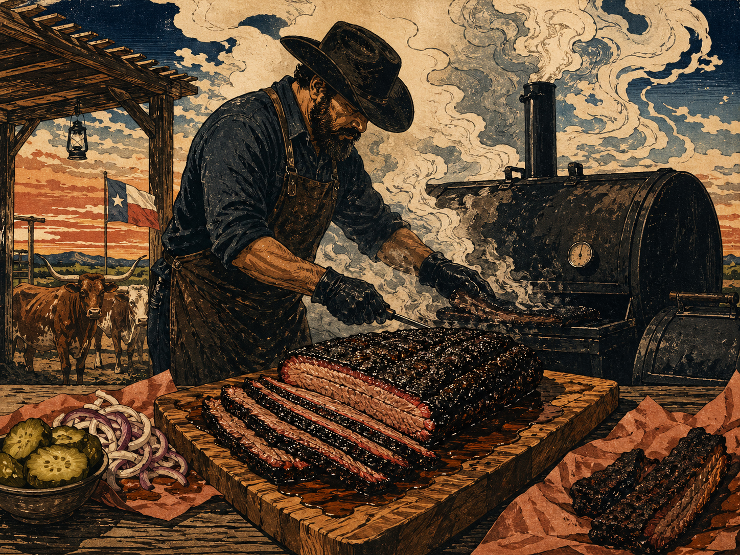 ピットマスター、ブリスケット、煙を描いた木版画風画像