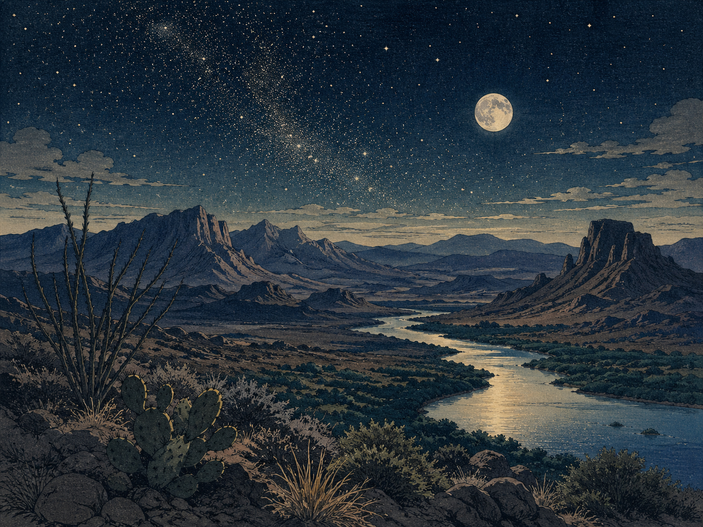 星空、砂漠、川、山を描いたビッグベンド特集画像