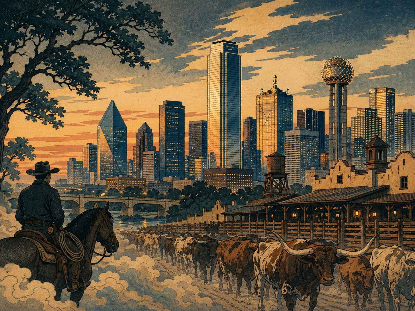ダラスとフォートワースを対比する現代西部の木版画風画像
