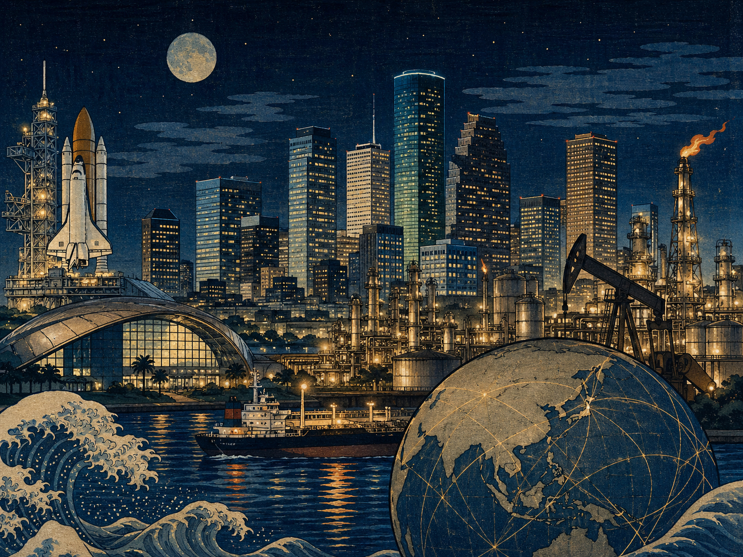 ヒューストンの宇宙、石油、世界都市性を表す夜景
