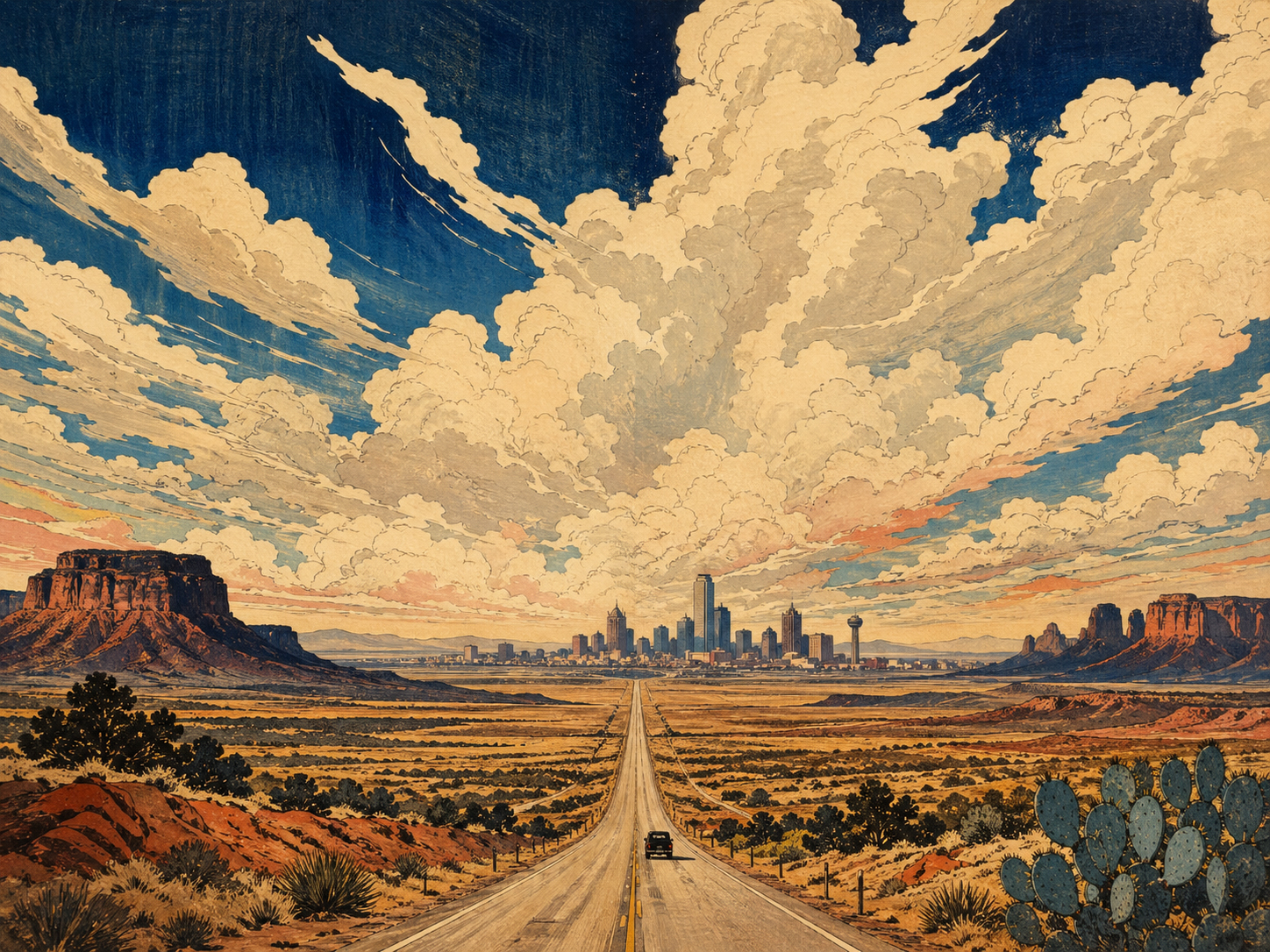 大空、道、都市、砂漠を重ねたテキサス特集画像