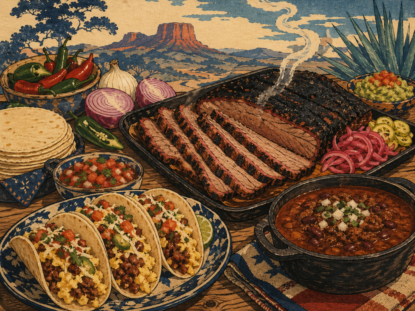 テキサスのバーベキュー、タコス、チリ、食卓