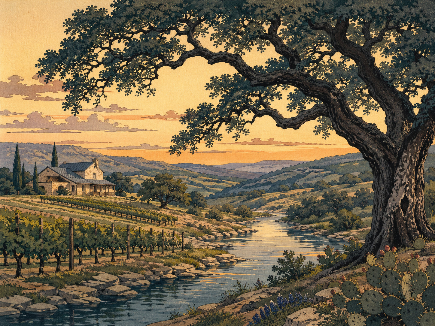 ヒルカントリーのワイン、川、丘