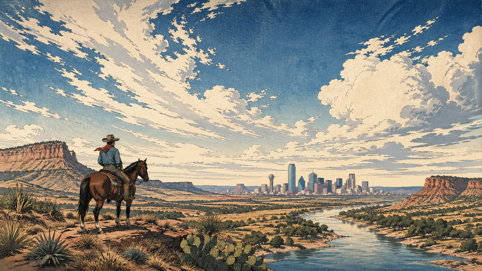 大空、カウボーイ、都市、砂漠、川を重ねたテキサスの木版画風風景