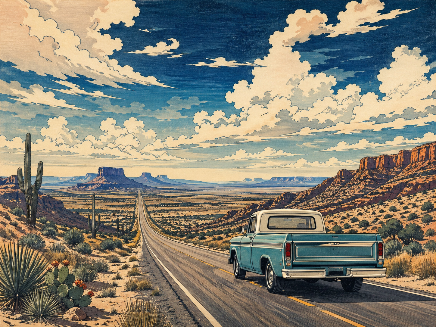 テキサスのロードトリップ、長い道、砂漠、大空