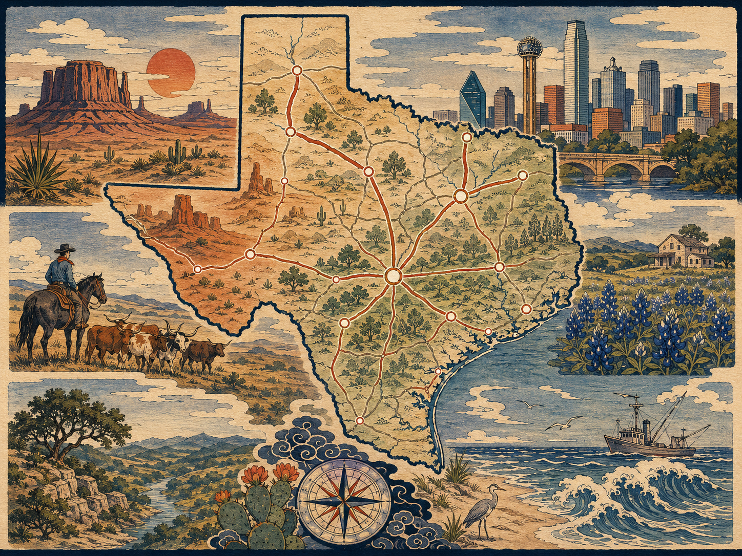 テキサスの都市、道路、砂漠、湾岸を示すサイトマップ画像