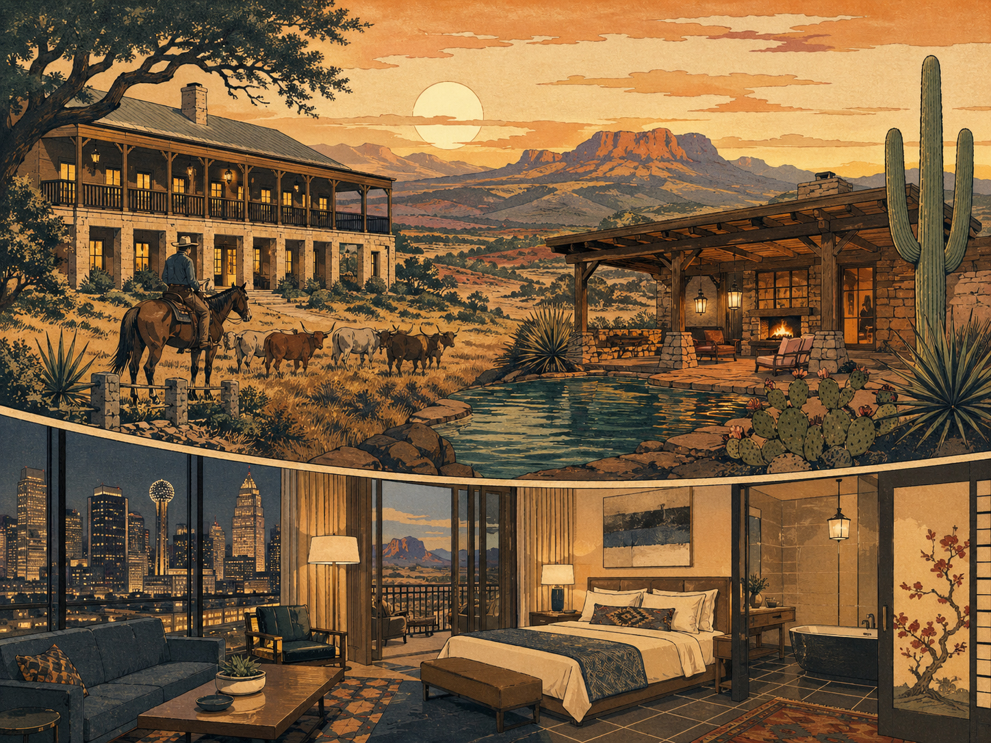 テキサスの宿、牧場ホテル、砂漠ロッジ、都市ホテル